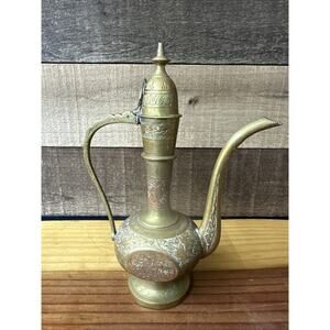 Vintage Original India Antique Red/Brass patterned Jug 8” Tall